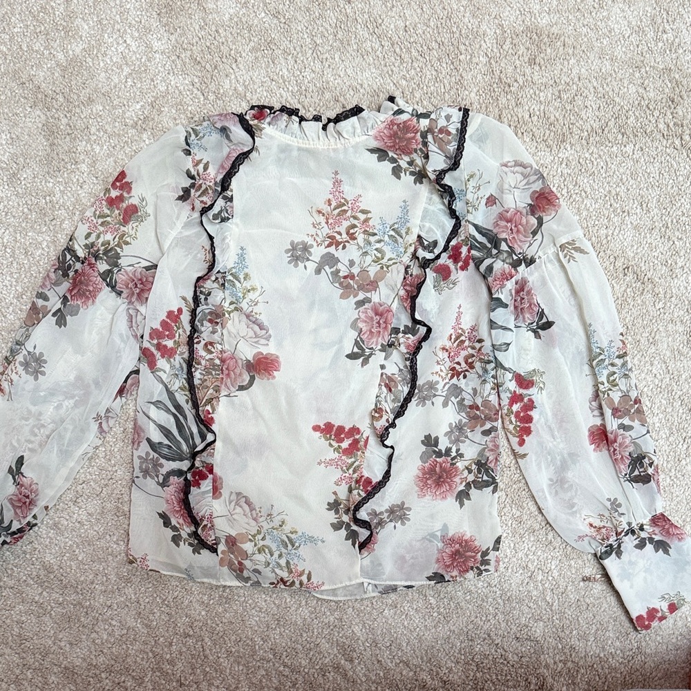 Zara Floral Ruffle Blouse - White and Pink